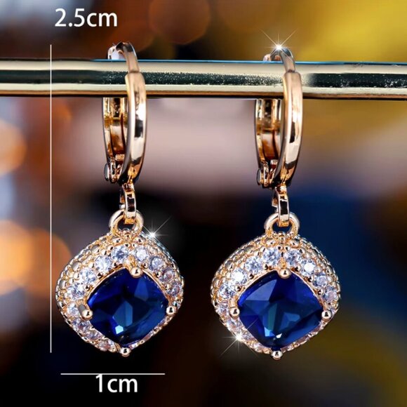 NEW 14k Yellow Gold Blue Sapphire Diamond Hoop Earrings - Picture 5 of 6